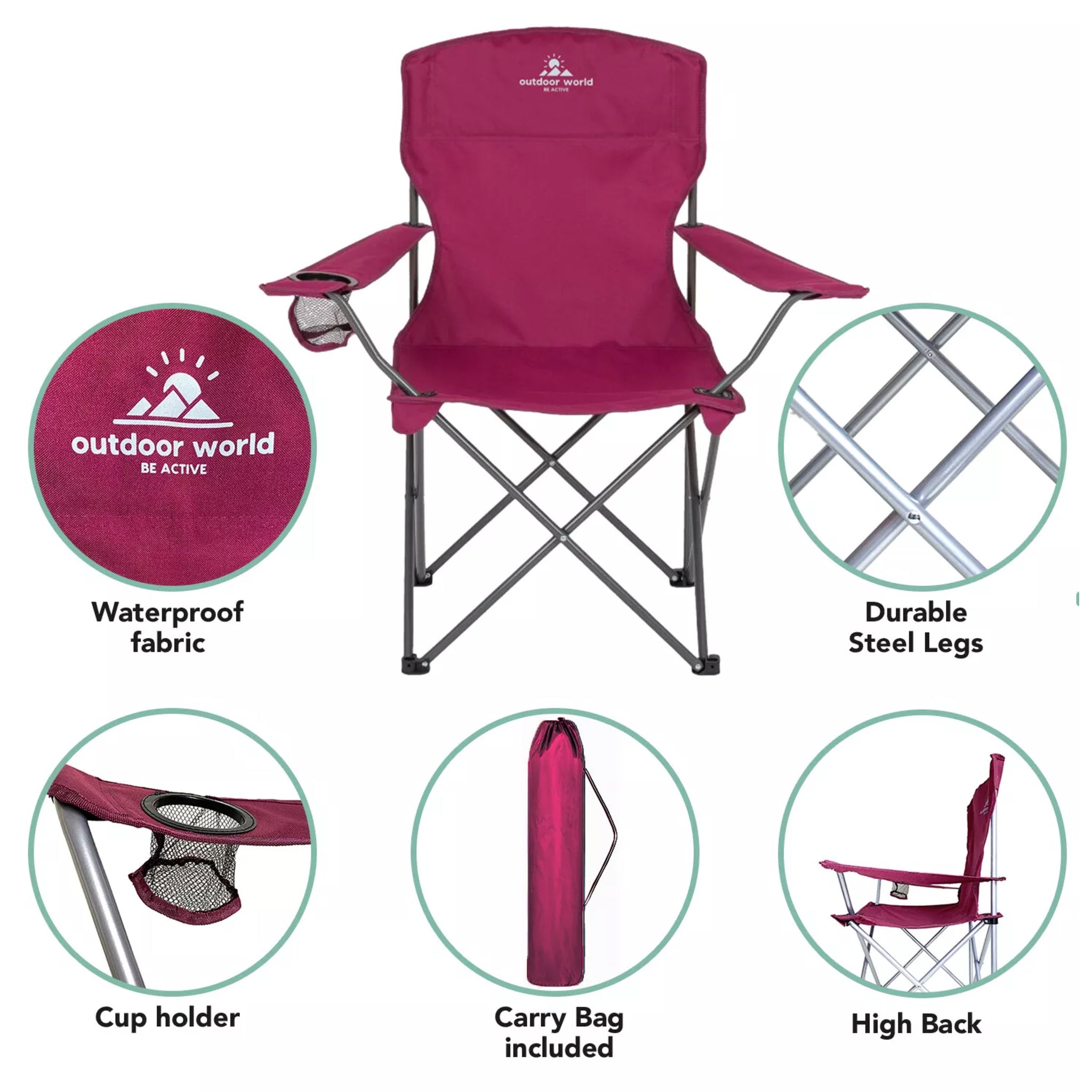 Pink Outdoor World Folding Camping Chair with Cup Holder High Back Waterproof Fabric Durable Steel Legs and Carry Bag